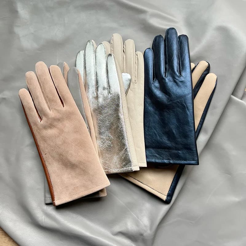 Real Sheepskin Gloves Women's Contrast Gloves One Size Fits All Wrist Soft And Skinny