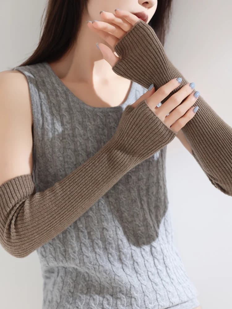 Women 100% Cashmere Long Mittens 43cm Fine Knitted Fingerless Gloves Mitt Y2k Thermal Gloves Semi Finger Oversleeves Arm Warmers