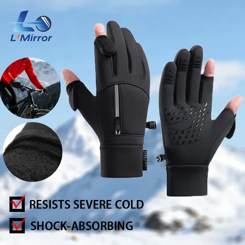 L●Mirror Winter Flip Open Two Finger Gloves Men Women Warm Touch Screen Windproof Waterproof Outdoor Gloves for Cycling Skiing