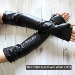Long Fingerless Leather Gloves Fashion Women Half Finger Sheepskin Gloves Fall Winter Warm Velvet Lining Warm Arm Sleeves