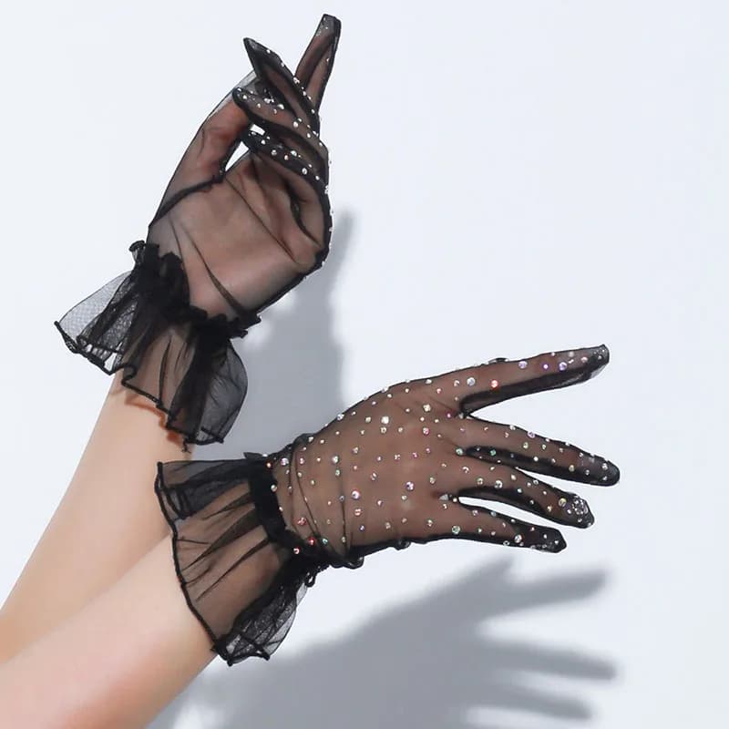 Women Sexy Lace Wrist Mesh Flash Diamond Thin Transparent Short Gloves Club Nightclub Party Cosplay Performance Accessories