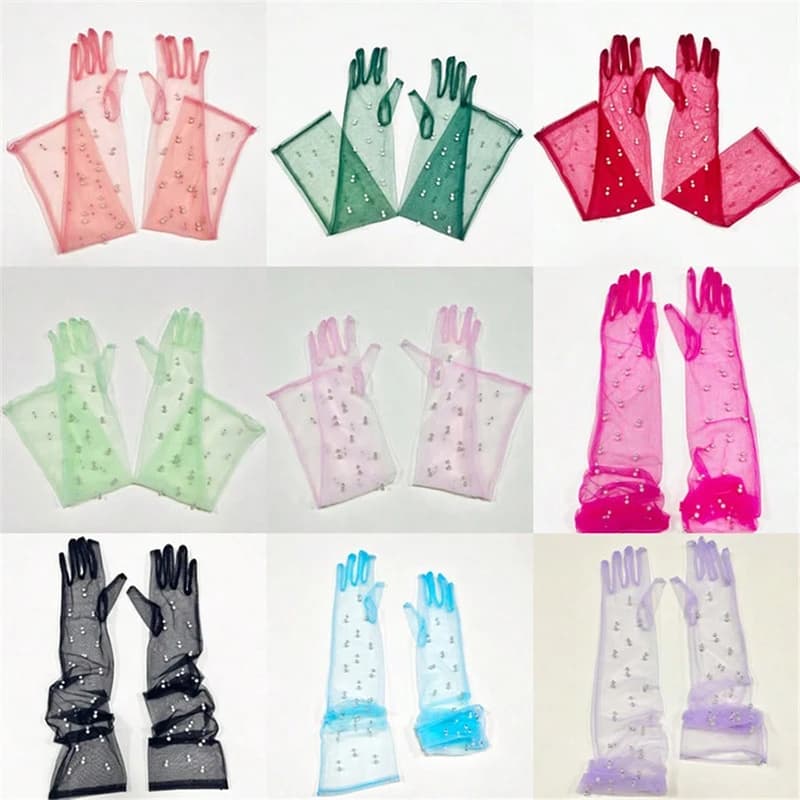 55CM Sexy Lace Thin Hollow Transparent Long Pearl Decoration Gloves Soft Breathable Solid Net Yarn Women Man Stage Performance