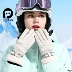 Ski Gloves Women Winter Fleece Thickened Warm Plush Cotton Waterproof Touch-Screen Gloves For Outdoor Riding Mountaineering
