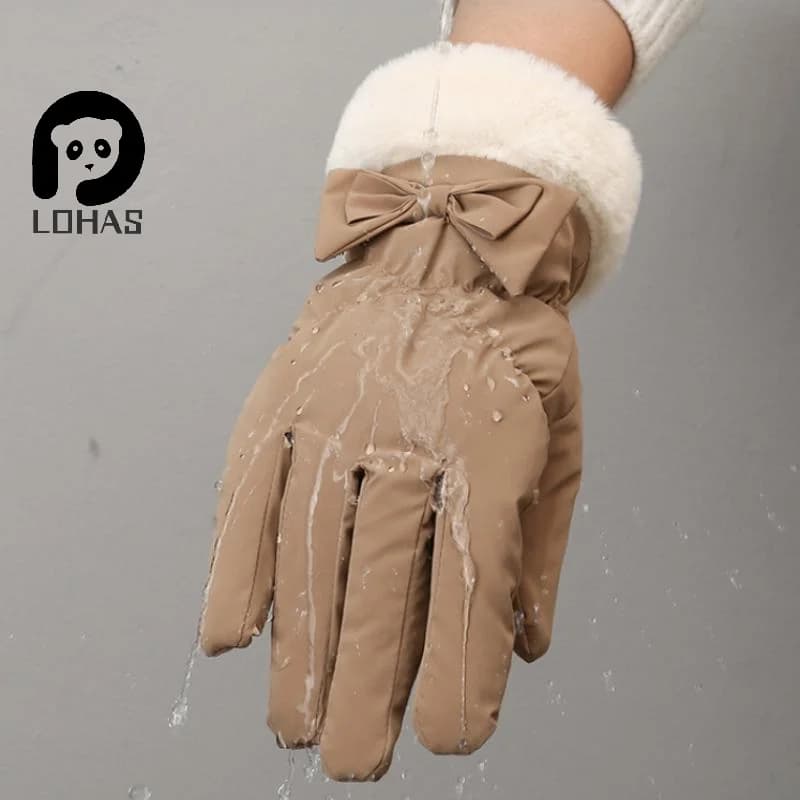 Ski Gloves Women Winter Fleece Thickened Warm Plush Cotton Waterproof Touch-Screen Gloves For Outdoor Riding Mountaineering