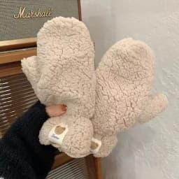 Lambhair Plush Gloves Women Girls Winter Cute Bears Fur Halterneck Gloves Soft Thicken Full Finger Riding Mittens Keep Warm
