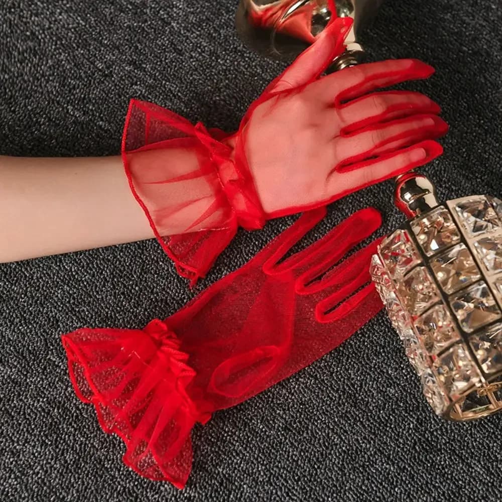 Elastic Transparent Women Tulle Gloves Ultra Thin Short Gauze Lace Gloves Elegant Full Finger Bridal Wedding Women Mesh Gloves