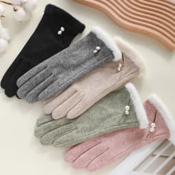 Faux Pearl Gloves Winter Gloves for Women Touch Screen Windproof Thermal Knitted Gloves with Fluffy Fur Trim Warm Weather