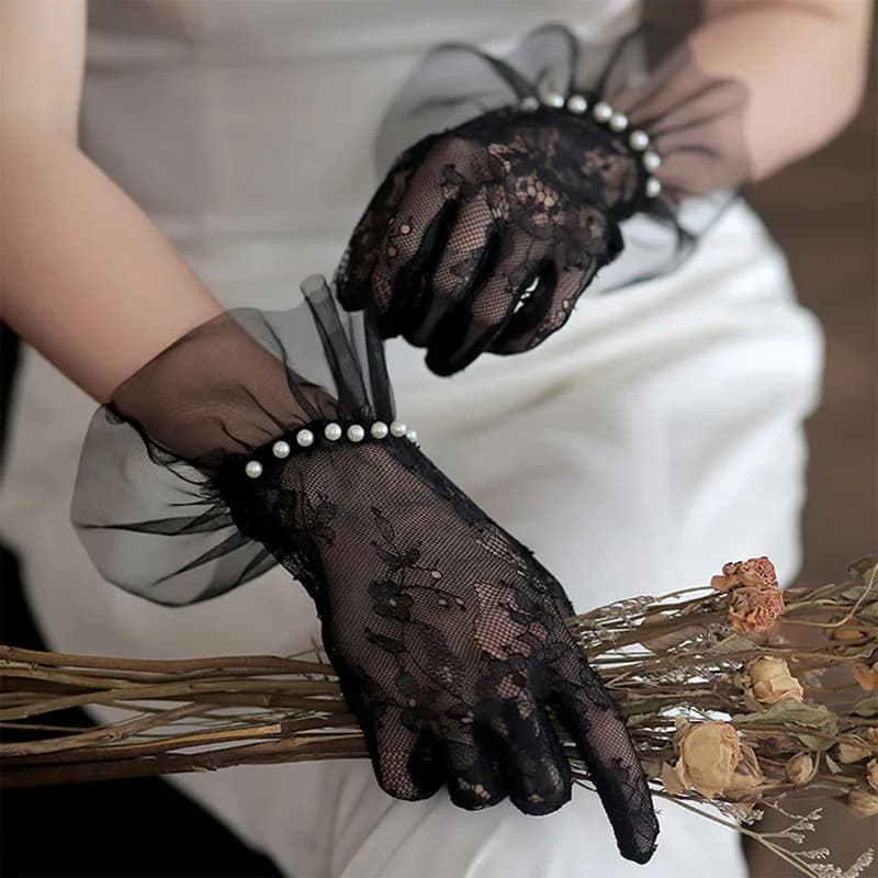 Bride Wedding Japanese Soft Girl Black White Lace Gloves Gothic Lolita Mesh Bow Flower Sweet Wristband Maid Cosplay Accessory
