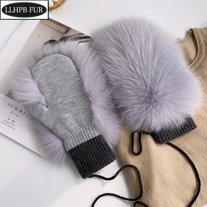 Real Fox Fur Gloves Knitted Women Mittens Winter Girls Fashion Fluffy Warm 100% Real Fox Fur Gloves