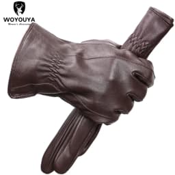 Men's Sheepskin Gloves Winter Warm Plus Velvet Short Thin Driving Color Leather Gloves New High-End Winter Gloves for Men -8025Y