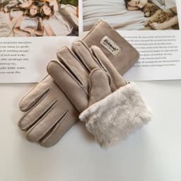 New Women's Fur All-in-One Sheepskin Gloves Leather Color Warm Winter Wool Lining Wind and Cold Gloves