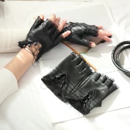 14CM Women's Faux Leather Half Finger Gloves Lace Trim Lace-up Straps Short Gothic Sexy Nightclub Pole Dance Stage Performance