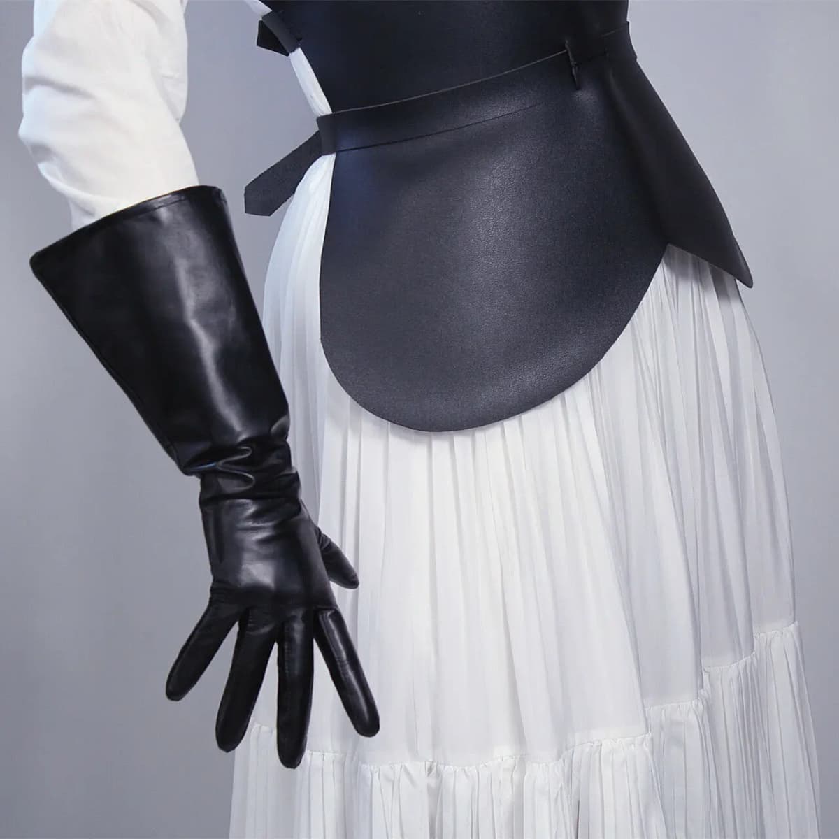 REAL LEATHER TECH LONG GLOVES Unisex Black 38cm Wide Balloon Puff Sleeves Large LLDLLNT