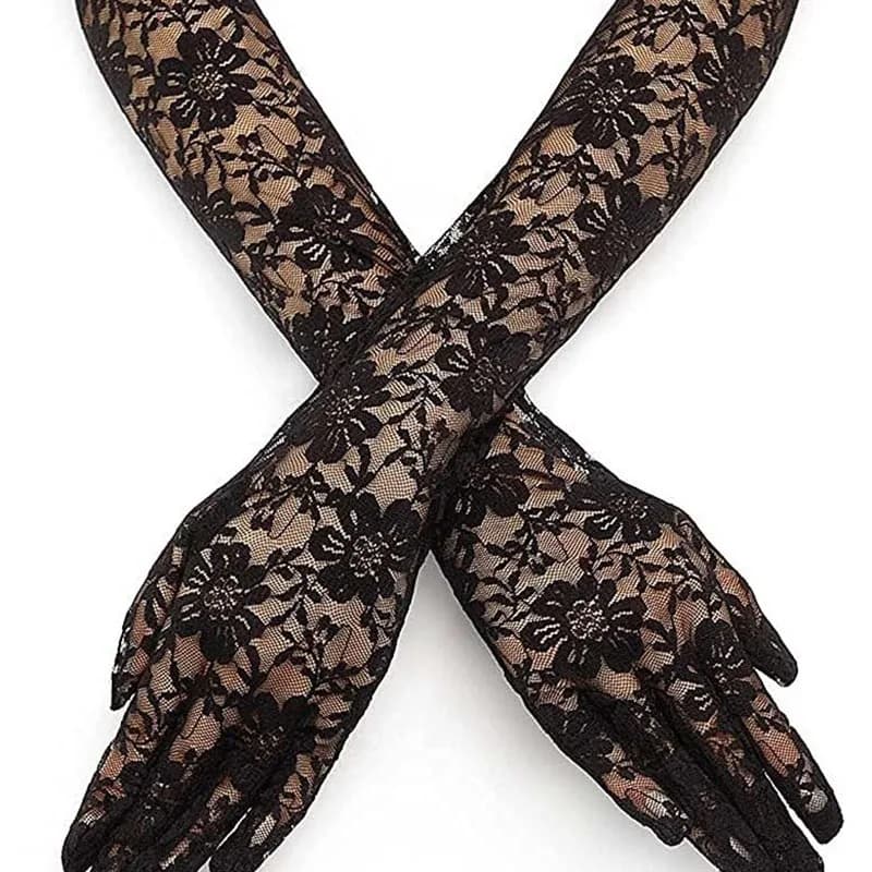 40cm Black White Y2 Cosplay Gloves Sexy Elasticity Transparent Lace Mesh Gloves Summer Fashion Elegant Women Long Driving Gloves