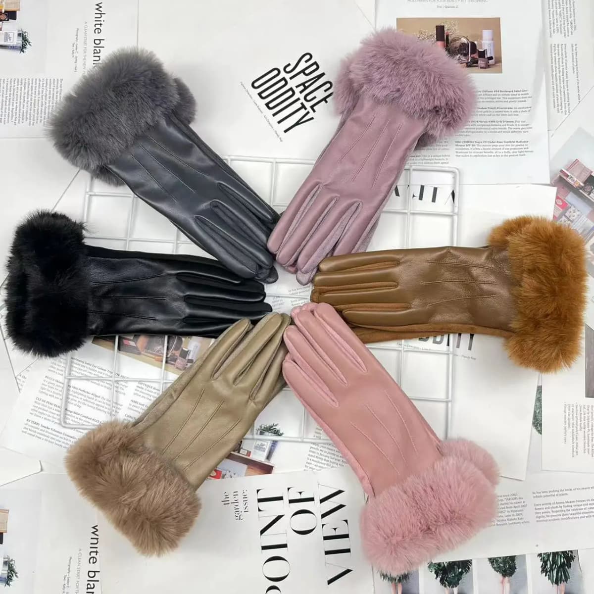 Women Winter Warm PU Leather Suede Splicing Plus Velvet Thicken Gloves Fashion Elegant Cycling Drive Touch Screen Plush Wrist