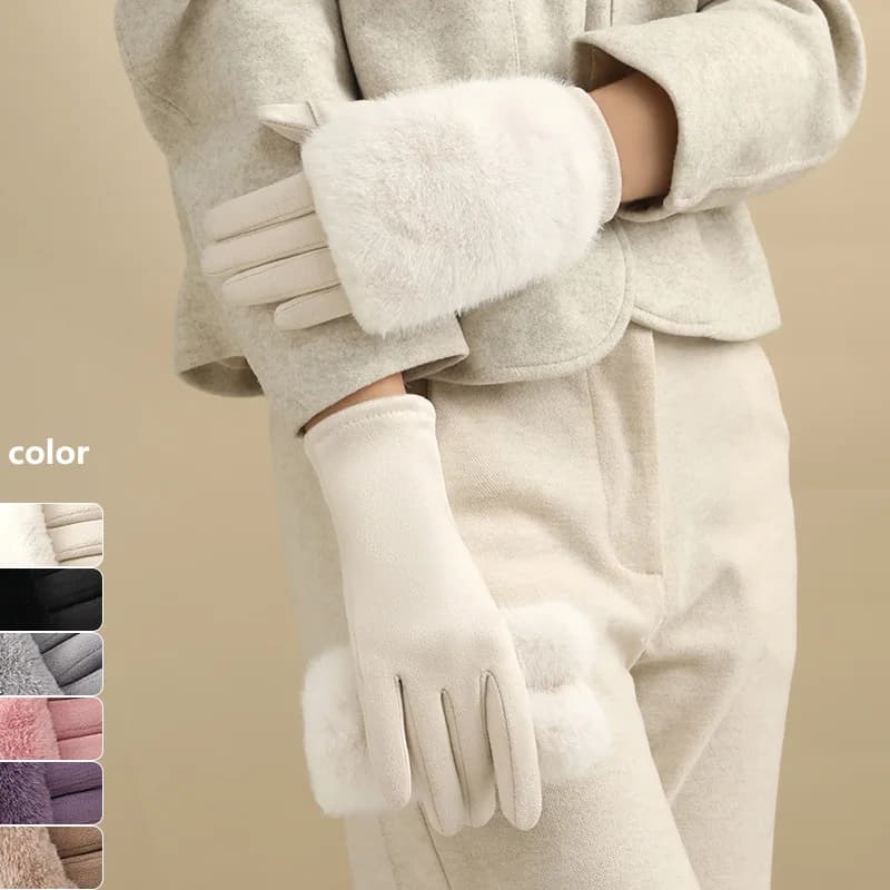 Women's autumn and winter rabbit fur gloves plus velvet thickened windproof and warm riding cold-proof touch screen suede gloves