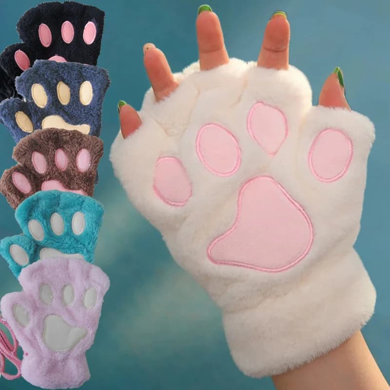 Cartoon Winter Gloves Women's Bear Plush Cat Paw Claw Gloves Cute Short Fingerless Fluffy Bear Claw Mittens For Girls Gift Party