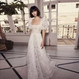 Square Collar Lace Illusion Wedding Bridal Gown A-line Backless Train Wedding Bridal Dress with Short Sleeve Customized