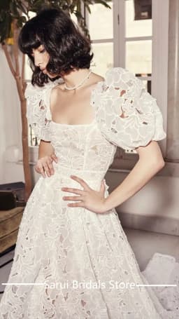 Square Collar Lace Illusion Wedding Bridal Gown A-line Backless Train Wedding Bridal Dress with Short Sleeve Customized