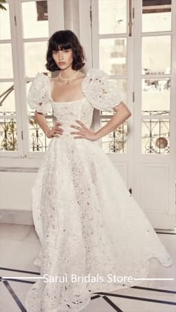 Square Collar Lace Illusion Wedding Bridal Gown A-line Backless Train Wedding Bridal Dress with Short Sleeve Customized