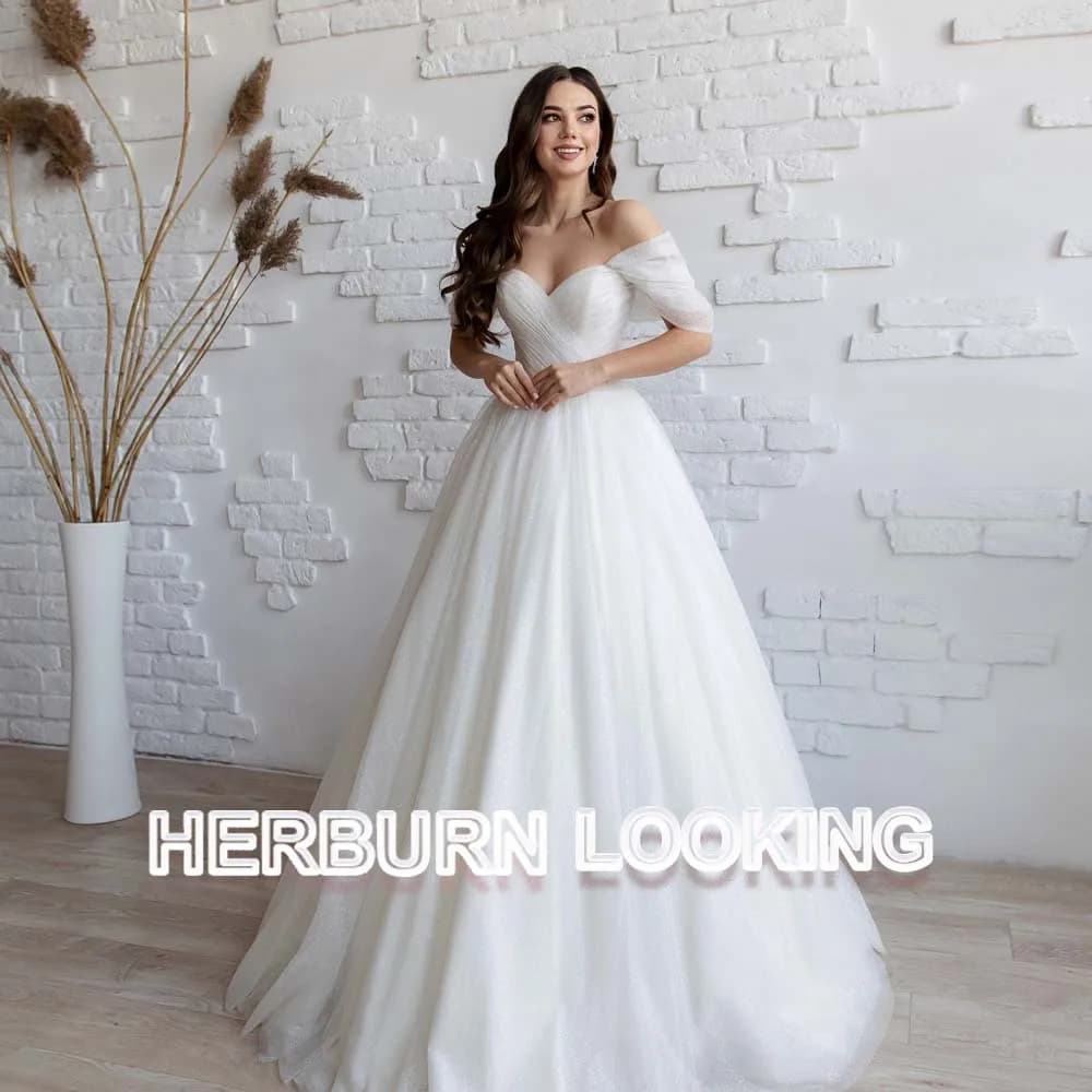 HERBURN Trendy Pleated Wedding Dresses New Arrival Appliques A-line Lace up Sleeveless Robe De Soiree De Mariage Customized