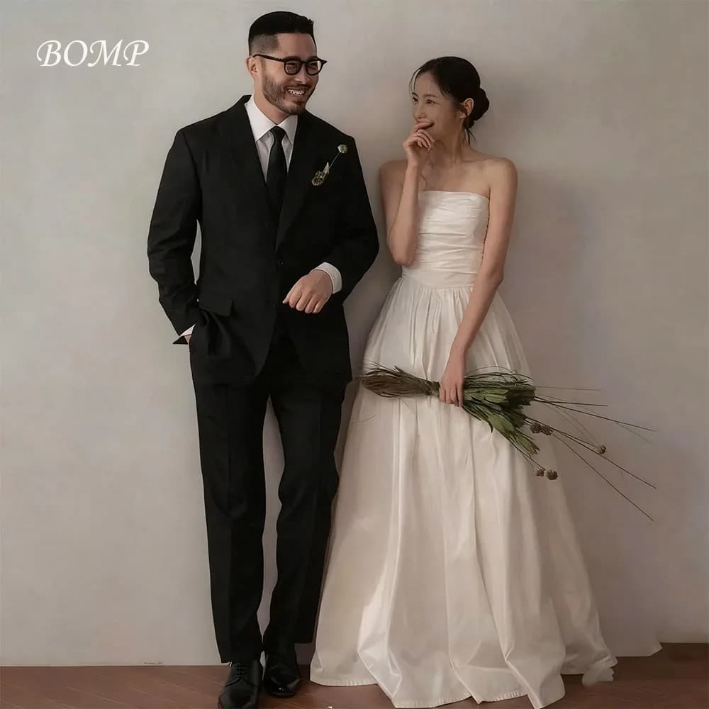 BOMP Simple A Line Taffeta Korea Wedding Dress Customized Photoshoot Strapless Corset Back Floor Length Bridal Gown Plus Size