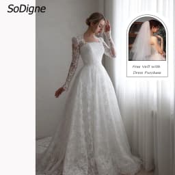 SoDigne A-line Boho Lace Wedding Dress Full Sleeves Square Collar Bride Dresses Long Bridal Gowns Vestidos De Novia Customized