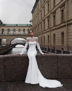 Stunning High Neck Full Sleeves Peal Beaded Mermaid Wedding Drsses Sweep Train Custom Made Vestido De Noival customized