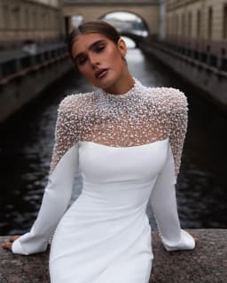 Stunning High Neck Full Sleeves Peal Beaded Mermaid Wedding Drsses Sweep Train Custom Made Vestido De Noival customized