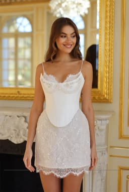 Customized Bling Crystal Wedding Dress Delicate Lace Spaghetti Straps Short Sheath Bridal Dress Sophisticated Celebration