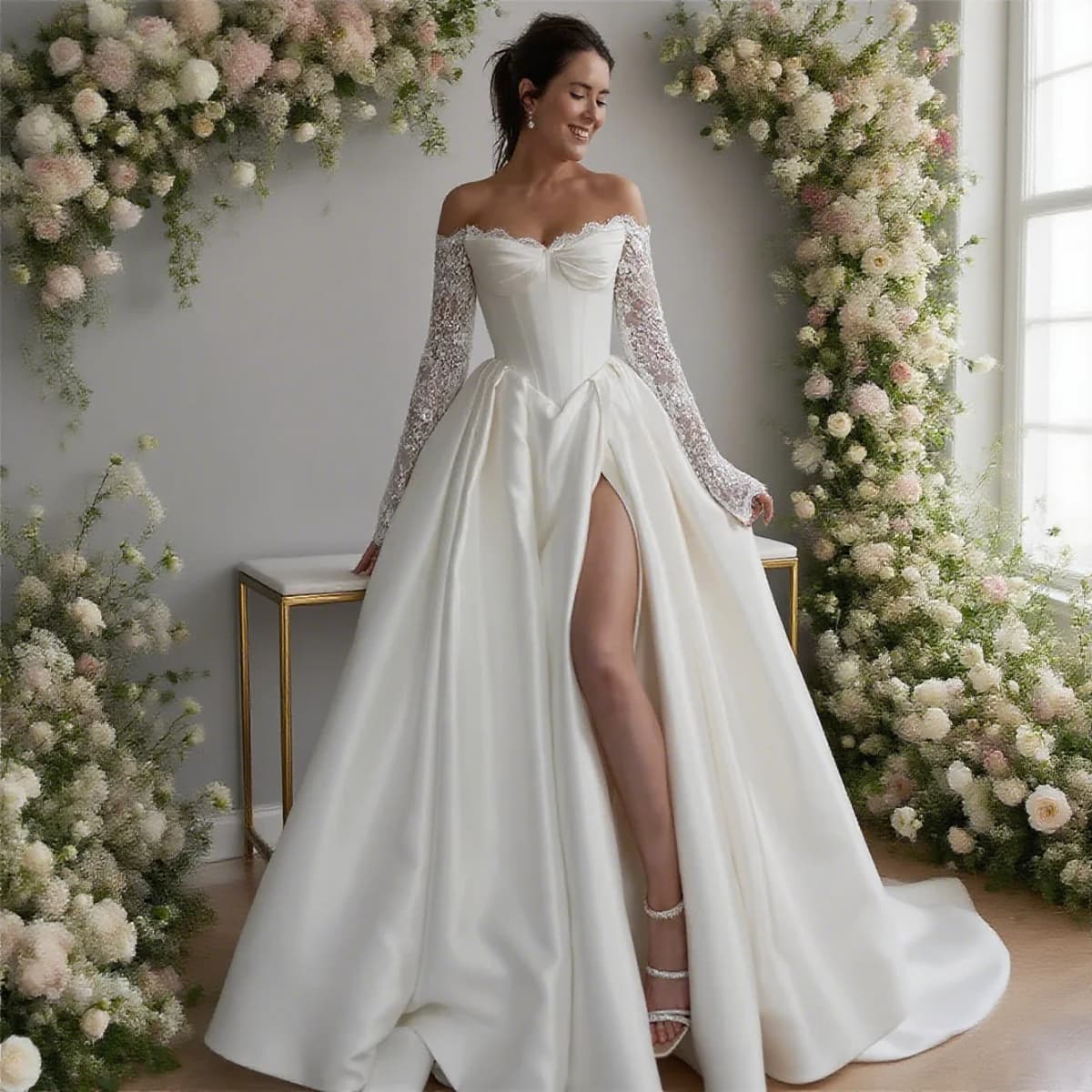 Customized Off Shoulder Long Appliques Sleeves Satin A-Line Wedding Elegant Lace-up Back Floor Length Side Slit Gown For Bride