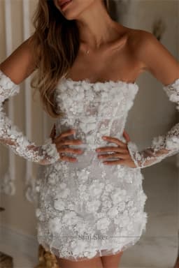 Customized Detachable Long Sleeves Short Wedding Dress Mini Elegant Embroidered 3D Flower Lace Delicate Beading Bridal Dress
