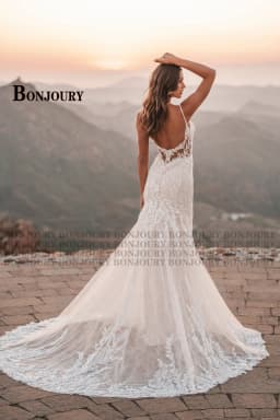 BONJOURY Elegant Mermaid Wedding Dress for Woman Bridal Spaghetti Straps Tulle Lace Appliques Button Backless Customized