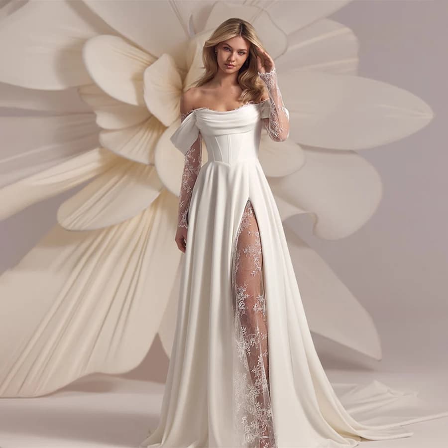 Customized Strapless Corset Designs 3/4 Lace Sleeve Wedding Dress A-Line Front Split Lace Up Bridal Gowns Vestidos De Novia