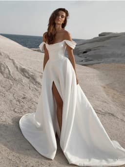 LORIE Soft Satin A Line Wedding Dresses Sleeveless Off The Shoulder Bridal Gowns Long Train Wedding Party Gowns Customized
