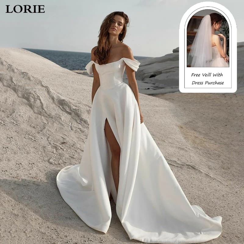 LORIE Soft Satin A Line Wedding Dresses Sleeveless Off The Shoulder Bridal Gowns Long Train Wedding Party Gowns Customized