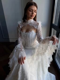 Custom Elegant White Lace Mermaid Wedding Dress High Neck Ruched Long Bell Sleeve Corset Backless Bridal Gown with Train