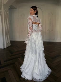 Custom Elegant White Lace Mermaid Wedding Dress High Neck Ruched Long Bell Sleeve Corset Backless Bridal Gown with Train