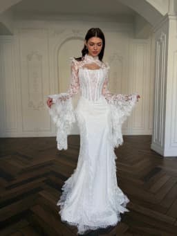 Custom Elegant White Lace Mermaid Wedding Dress High Neck Ruched Long Bell Sleeve Corset Backless Bridal Gown with Train