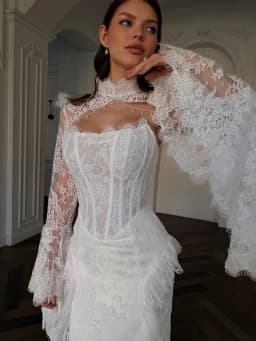 Custom Elegant White Lace Mermaid Wedding Dress High Neck Ruched Long Bell Sleeve Corset Backless Bridal Gown with Train