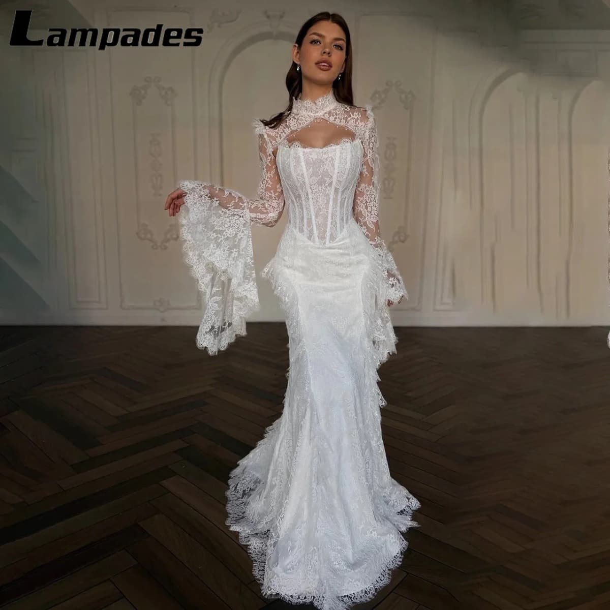 Custom Elegant White Lace Mermaid Wedding Dress High Neck Ruched Long Bell Sleeve Corset Backless Bridal Gown with Train