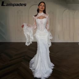 Custom Elegant White Lace Mermaid Wedding Dress High Neck Ruched Long Bell Sleeve Corset Backless Bridal Gown with Train
