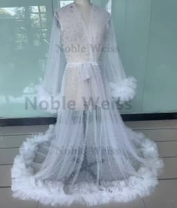 Ruffles Wedding Robe Photo Shoot Pearls Pregnant Women Photography Gown Evening Prom Tulle Robe Bathrobe Long Jacket Customized