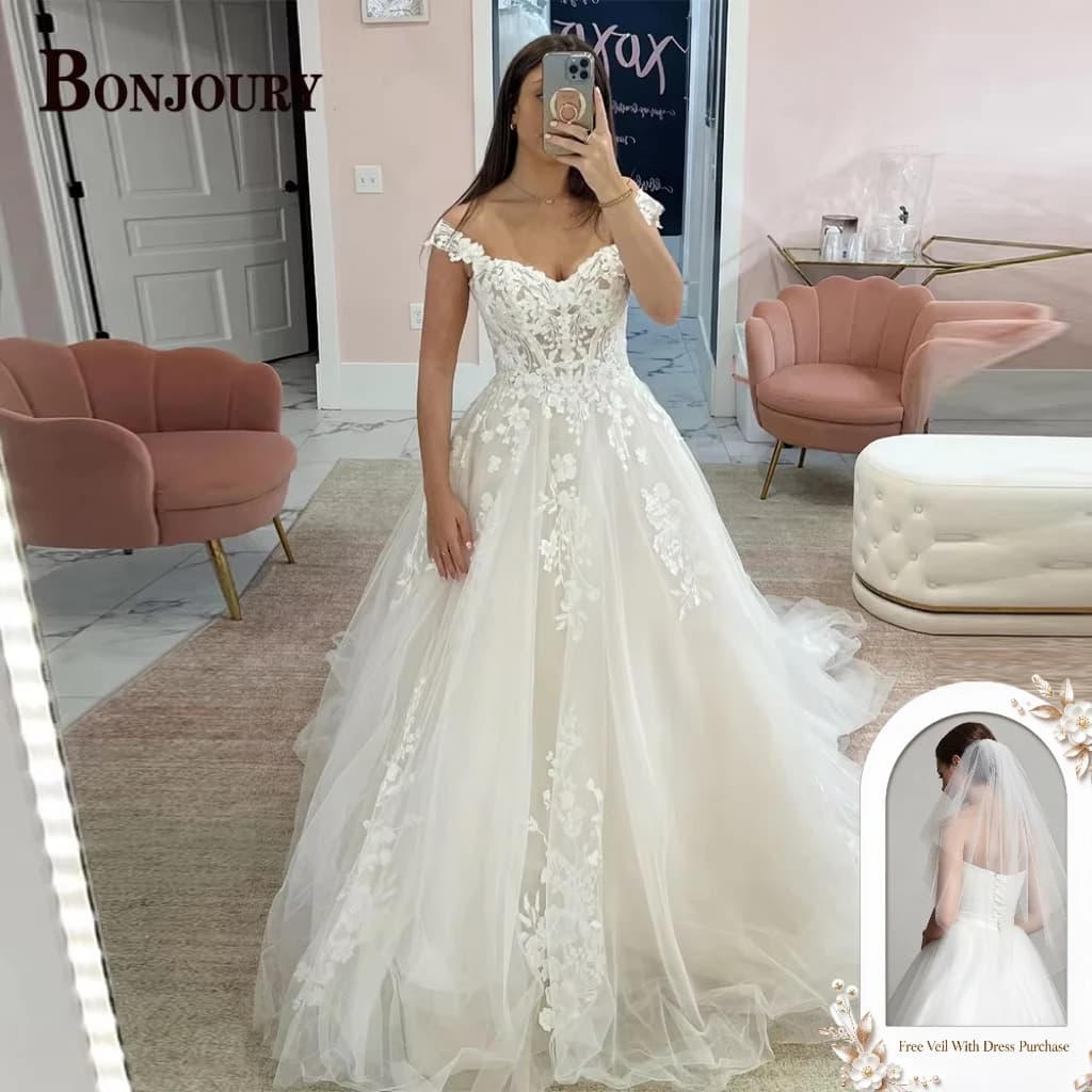 BONJOURY Modern Wedding Dresses For Woman Bride Off the Shoulder Backless Lace A-line Appliques Robe De Mariée Drop Shipping