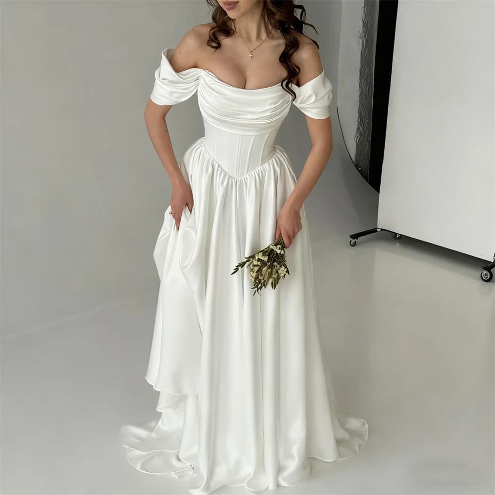 Customized New Arrival Off Shoulder Neckline Satin A-Line Wedding Dress Lace-up Back Floor Length Sweep Train Gown For Bride