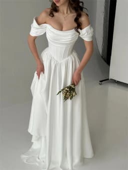 Customized New Arrival Off Shoulder Neckline Satin A-Line Wedding Dress Lace-up Back Floor Length Sweep Train Gown For Bride