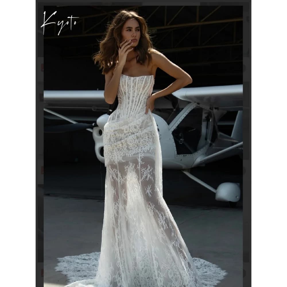 Kyoto Customized Pleated Lace Flower Sheath Wedding Dress Strapless Detachable Train vestidos de novia Exquisite Evening Dresses