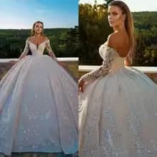 Customized Ball Gowns Beaded Appliques Sequins Off Shoulder Wedding Dress Long Sleeve Pleat Sweep Train Bridal Dresses