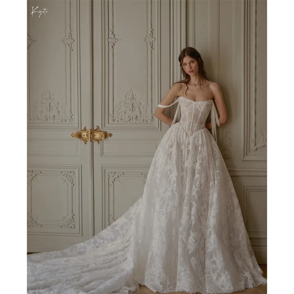 Kyoto Customize Ivory Lace Appliques Off Shoulder Wedding Dress A-Line Long Train vestidos de novia Zip Back Formal Evening 2025
