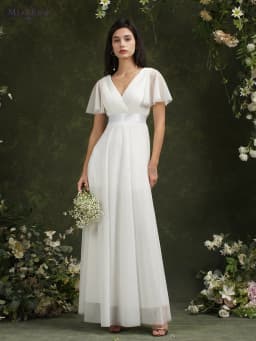 Simple Beach Ivory Wedding Dresses For Women A-Line Puffer Short Sleeve V-Neck Pleat Tulle Open Back Bridal Prom Gowns With Belt